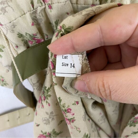 Reo Vintage Green Khaki Floral Half Button Down Dress Belt Pockets 14 - Picture 14 of 14